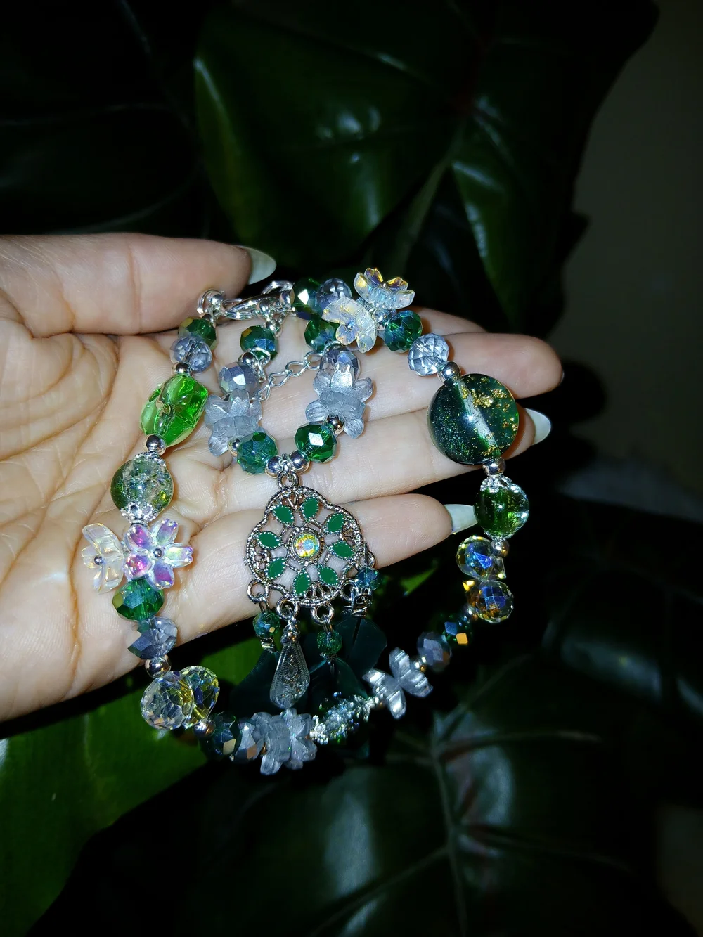 Green Feather & Crystal Beaded Dream CatcherPendant For Phone Or Purse